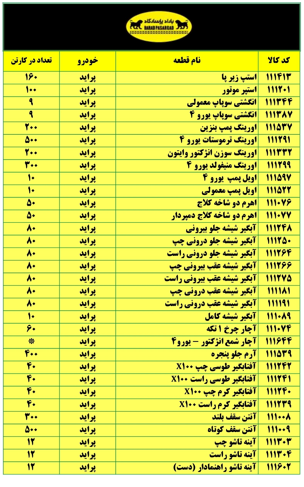 لیست قطعات سپهر پاسارگاد