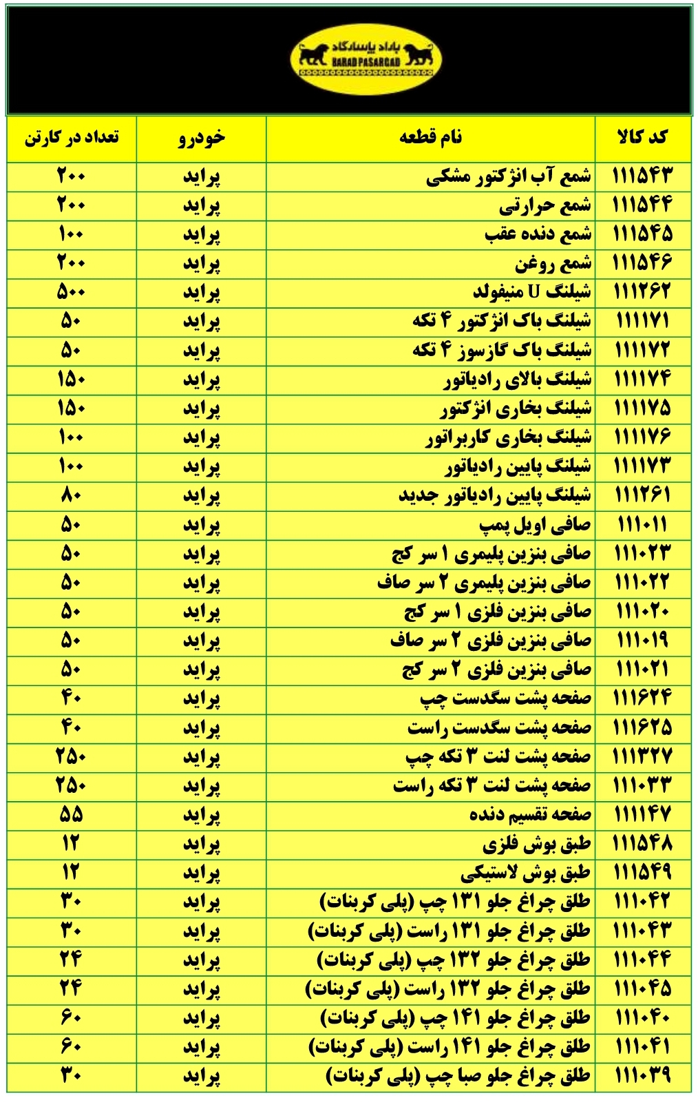 لیست قطعات سپهر پاسارگاد