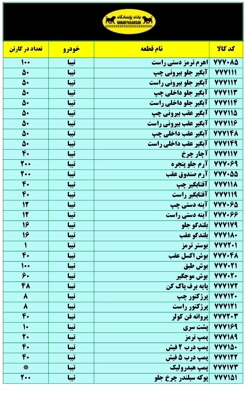 لیست قطعات سپهر پاسارگاد