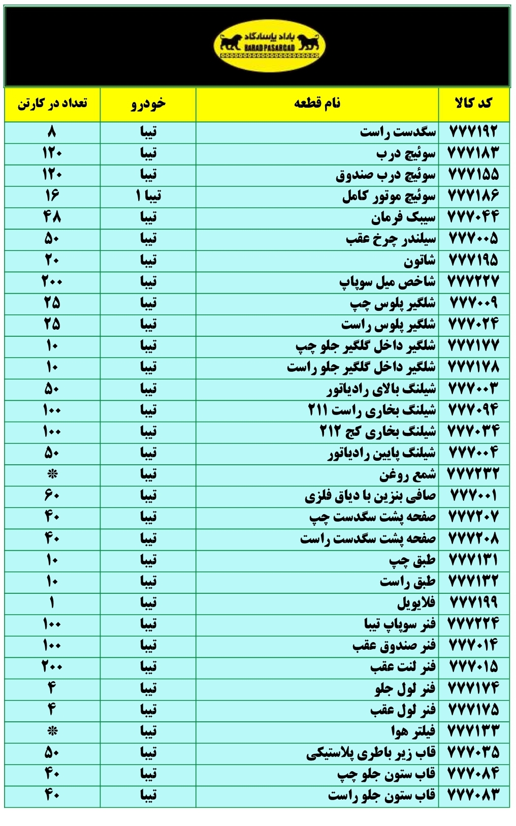 لیست قطعات سپهر پاسارگاد