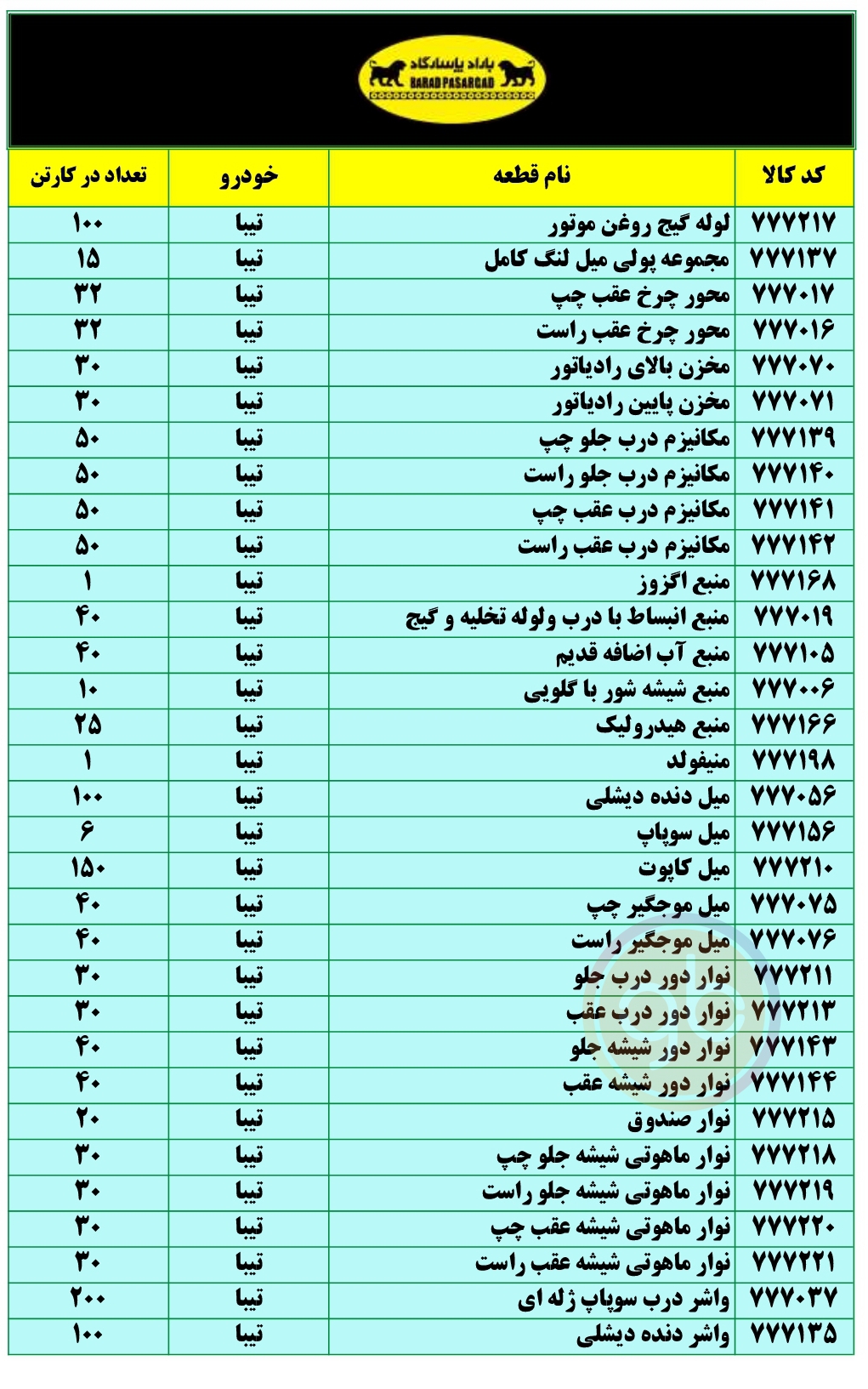 لیست قطعات سپهر پاسارگاد