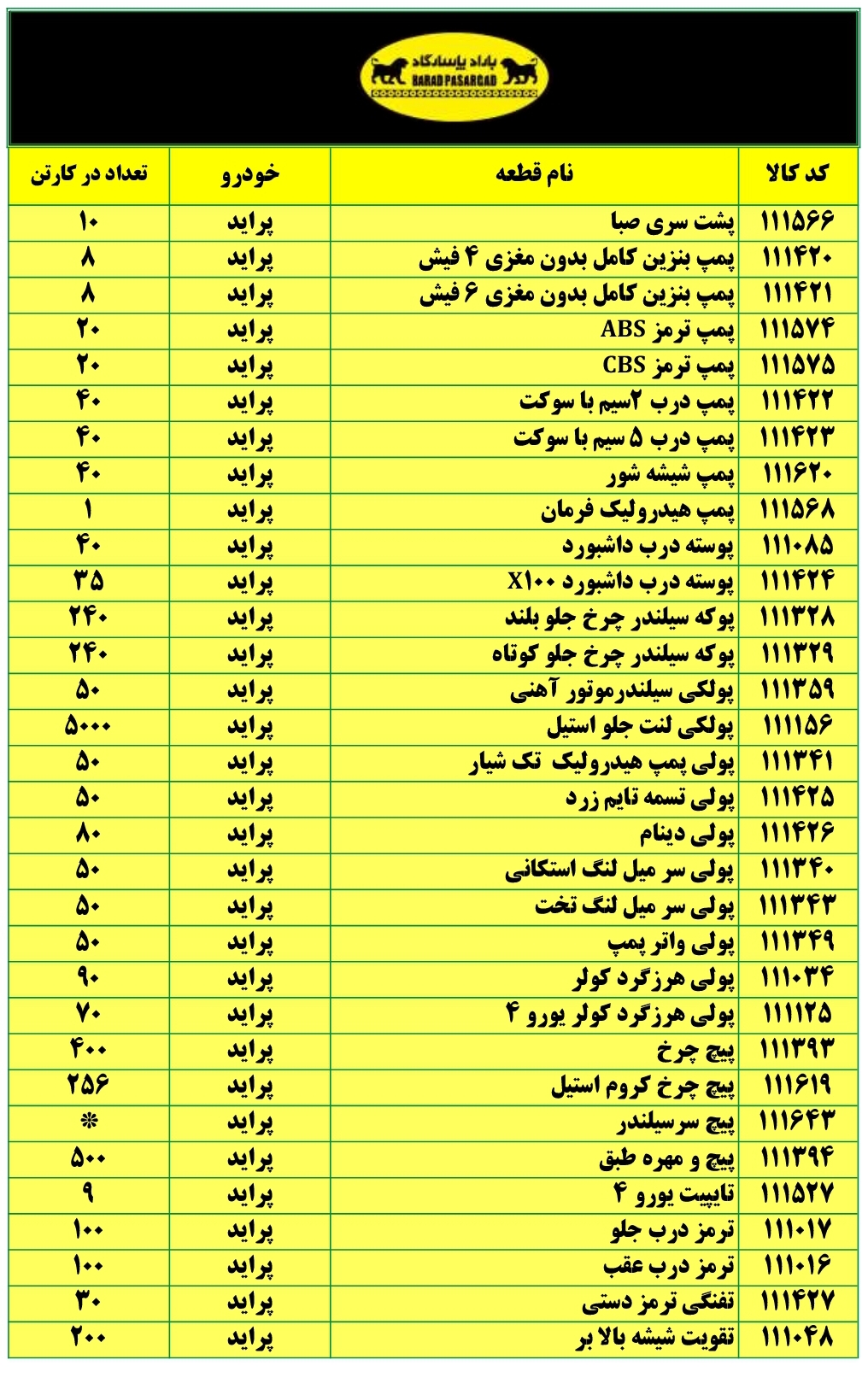 لیست قطعات سپهر پاسارگاد