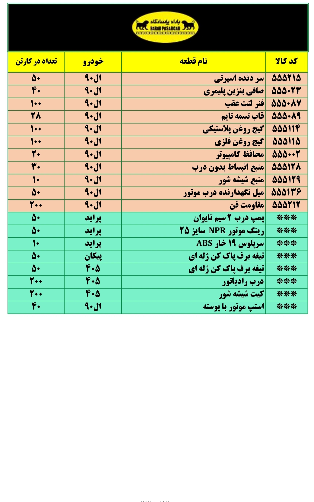 لیست قطعات سپهر پاسارگاد