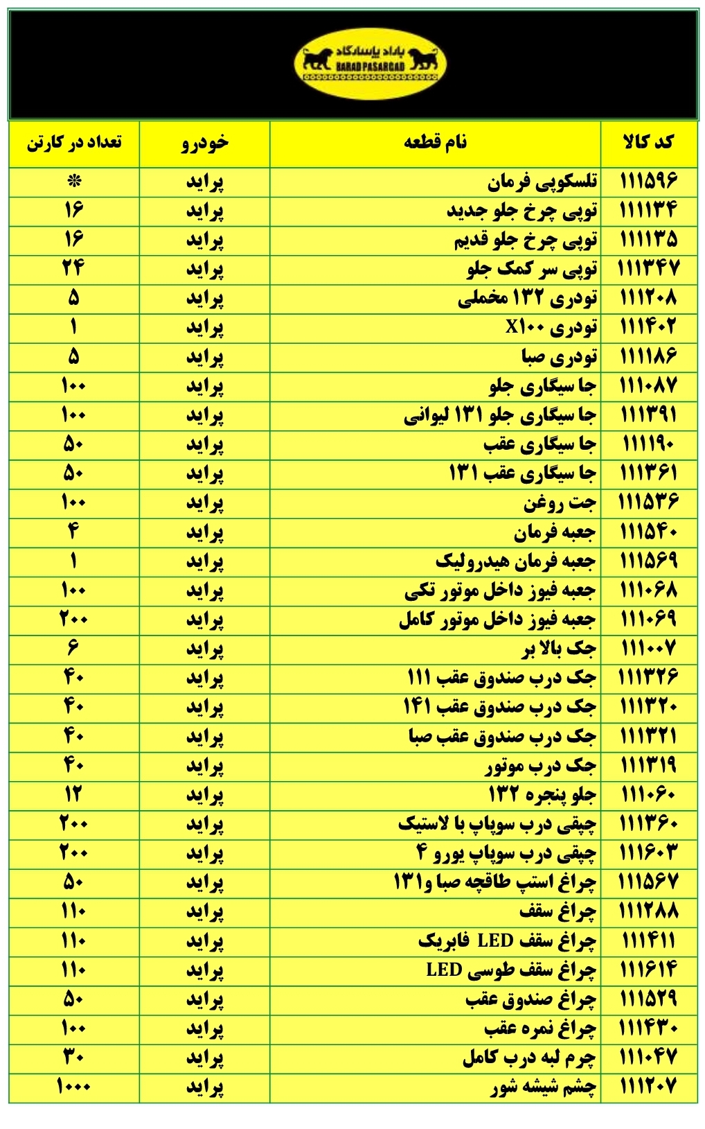 لیست قطعات سپهر پاسارگاد