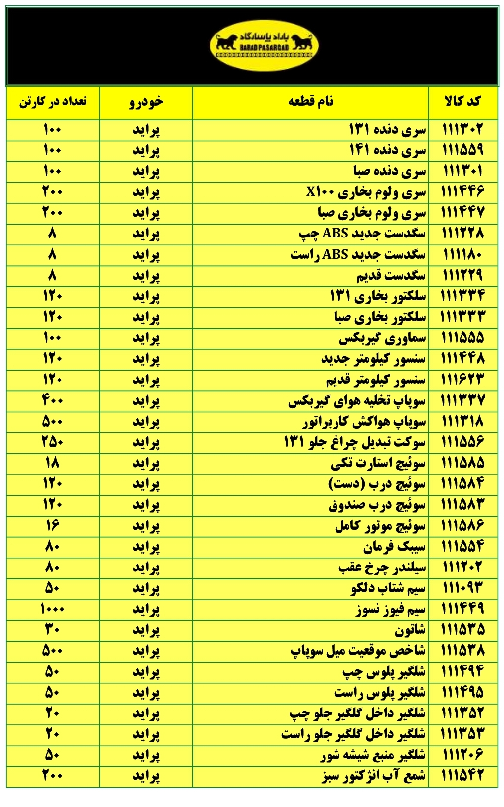 لیست قطعات سپهر پاسارگاد