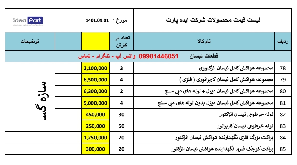 لیست قطعات نیسان ایده پارت