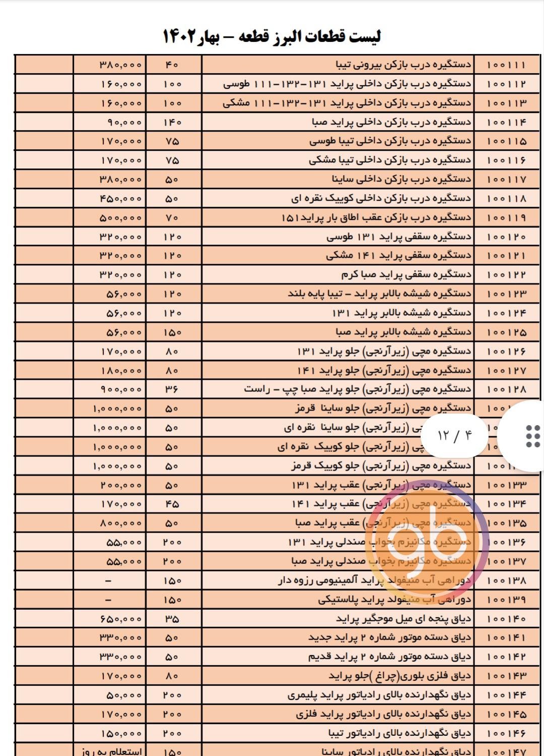 لیست قطعات پخشی محمدخانی