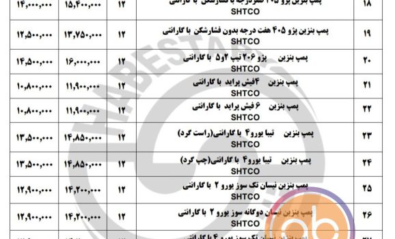 لیست قیمت قطعات شبستری