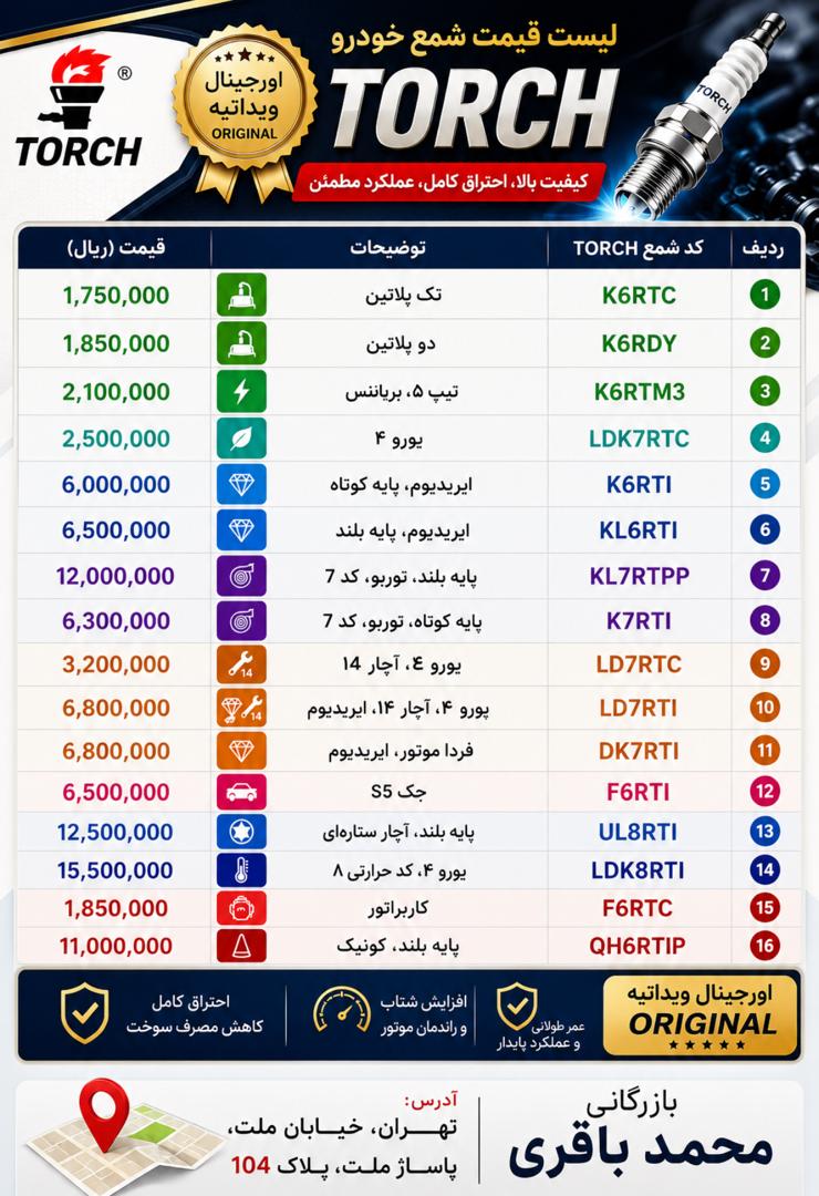 بازرگانی محمد باقری torch لیست قیمت شمع موتور تورچ